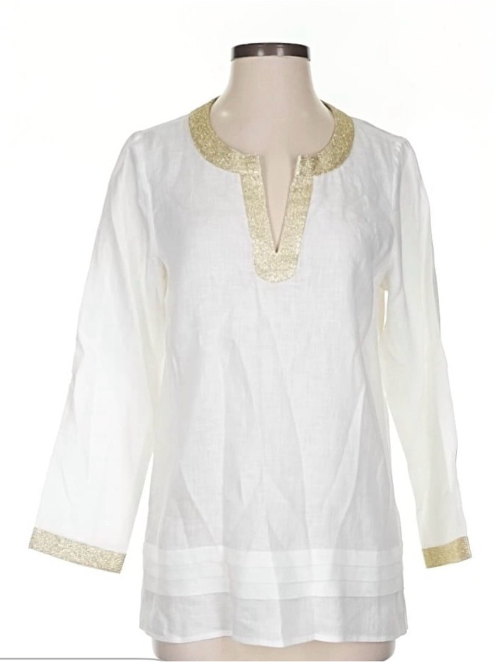 Vineyard Vines Pleated White Linen Tunic with Gold Trim
